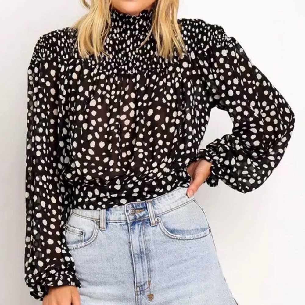 RELISTED SIZES MEDIUM & LARGE AVAILABLE Smocked Mock Neck Top - Picture 3 of 7